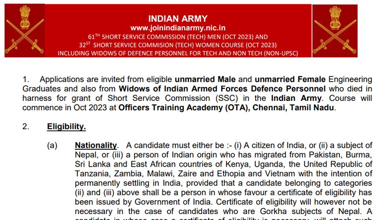 Indian Army SSC Tech Recruitment 2023 Notification Apply Online