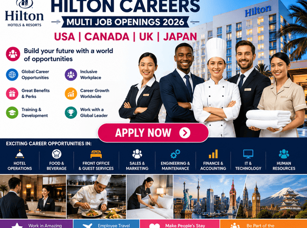Hilton Careers 2026 with job openings in the USA, Canada, UK, and Japan